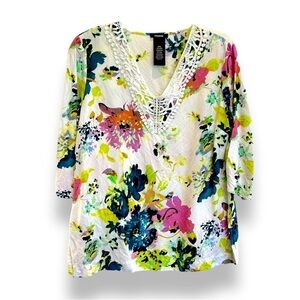 Premise Size M 3/4 Sleeve Linen/Rayon Floral Tunic